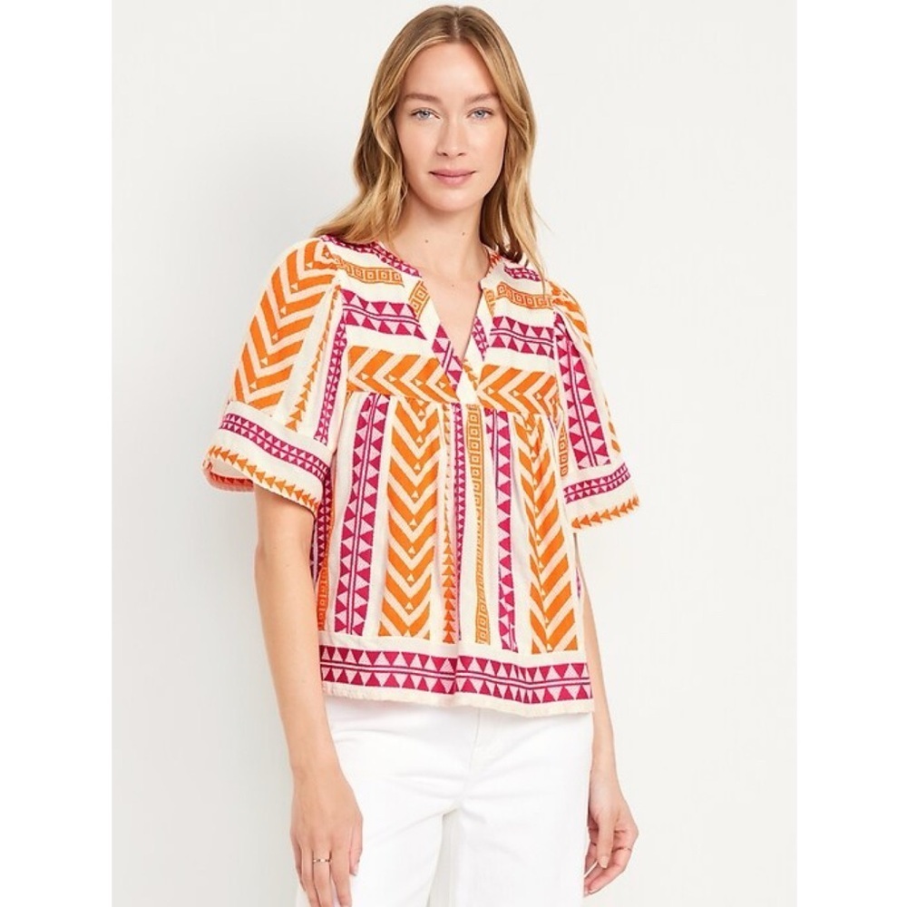 Old Navy NWT Split-Neck Jacquard Blouse Pink Orange Boho Festival Top Size Small